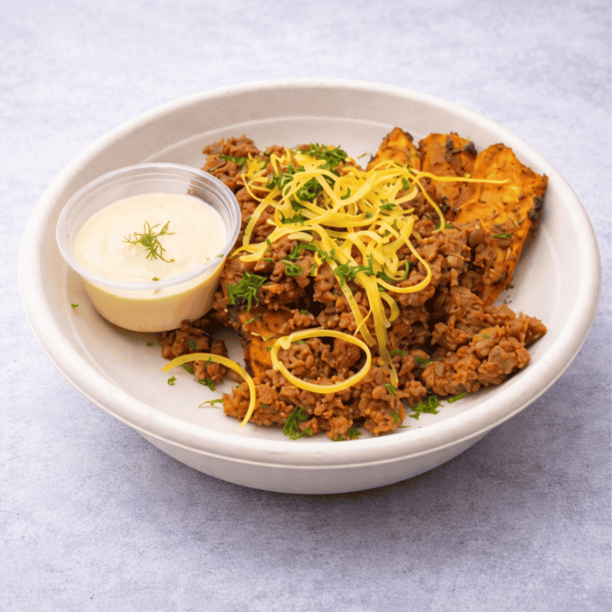 Cheese minced beef with roasted sweet potato